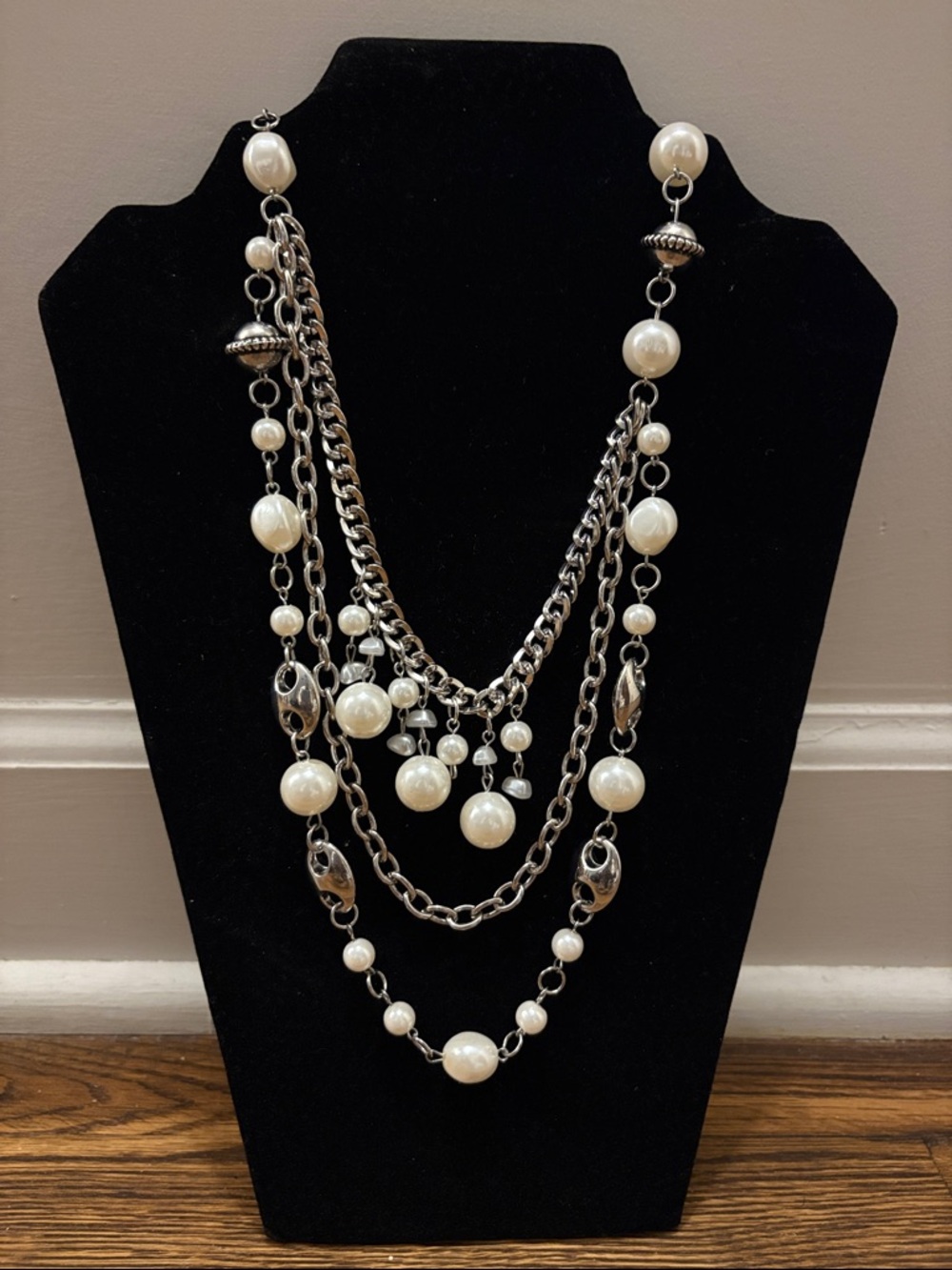 Elegant Cream Bead Multi-Chain Necklace - Women's Jewelry